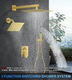 Shower Faucet Set, 10" Wall Mount Rainfall Shower System with 2 Rain Shower Head and Multi-function Handheld Head Push Button Diverter Shower Faucet Trim Kit Brushed Gold