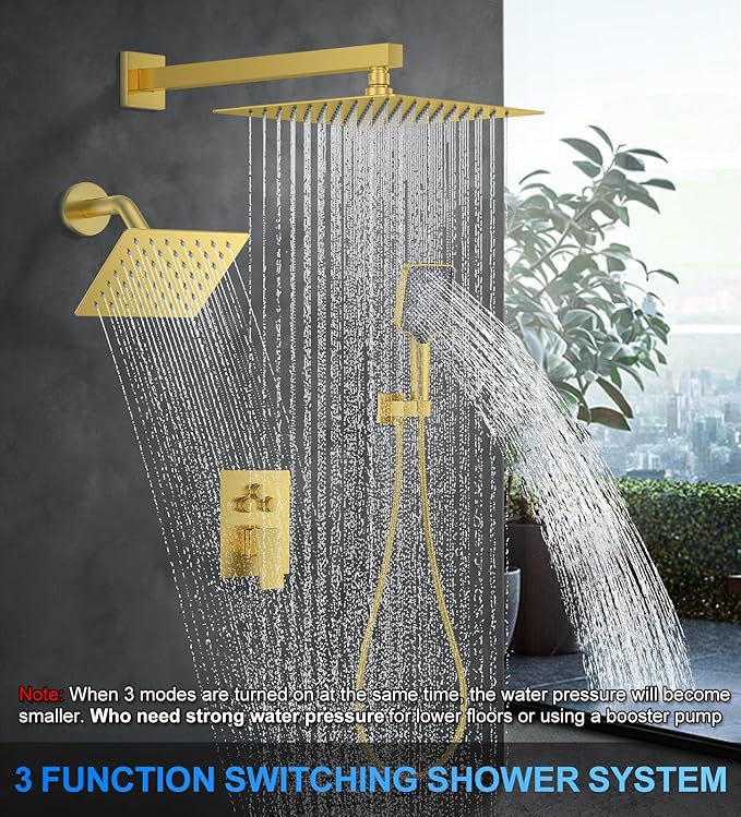 Shower Faucet Set, 10" Wall Mount Rainfall Shower System with 2 Rain Shower Head and Multi-function Handheld Head Push Button Diverter Shower Faucet Trim Kit Brushed Gold