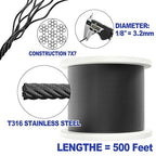 CKE 500FT 1/8" Black Stainless Steel Cable Railing System Hardware, T316 Stainless Steel Cable Wire Rope, 1850 lb Breaking Strength, 7x7 Strands Black Aircraft Cable for Deck Stair Fence Railing, BCW6