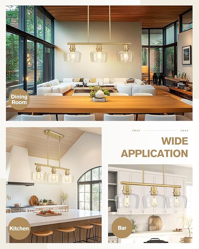 Emak Gold Kitchen Island Lighting, 3-Light Dining Room Light Fixtures Over Table with Clear Glass Shade, Modern 32 Inch Island Lights for Kitchen, Dining Room, Bar, IL122-GD-CG-3