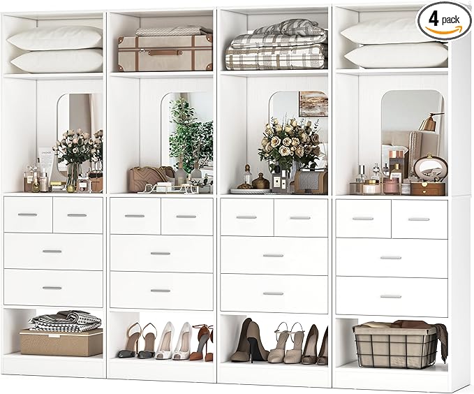 Unikito 100 Inch Closet System with Drawers, 8FT Wood Closets Organizer with Mirror Design, Freestanding Heavy Duty Walk in Closet Tower for Bedroom, Max Load 2000 LBS, Easy Assembly, White