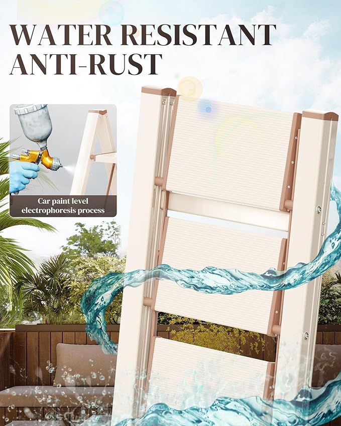 GameGem 4 Step Ladder, Folding Step Stool with Wider Pedal, Anti-Slip Feet & Non Slip Stripes, Aluminum Sturdy Material, 300Lbs Capacity, Elegant Look of Cream Chocolate Better Matches Your Home