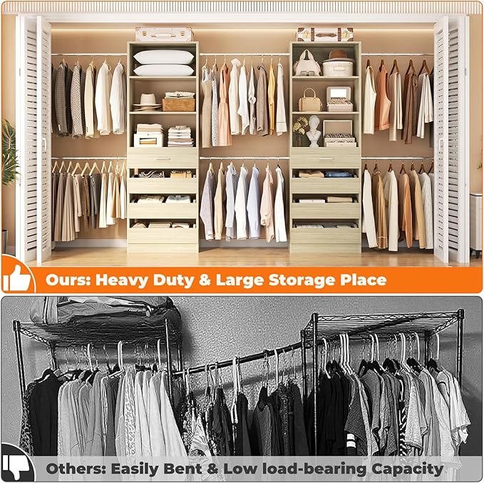 Aheaplus Closet System Set of 2, 4-9Ft Wood Closet Organizer with Drawers & Shelves, Closet Organizer System with 8 Hanging Rods, Walk-in Closets Organizer Wardrobe Closet Rack, White Oak