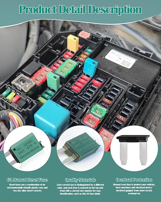 6A Low Profile Mini Blade Fuse Kits Automotive 6Amp ATM Manual Resettable Fuses Boat Reset Circuit Breaker Fuses Protect for Boat RV Car Truck DC 12V 28 Volts 6 AMP Car Mini Assortment Kit