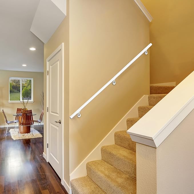 Meranti Aluminum Handrail for Indoor or Outdoor Steps and Stairs – Hand Rails for Elderly – DIY Complete Stair Railing Kit (AHR, Glossy White, 7' Length)