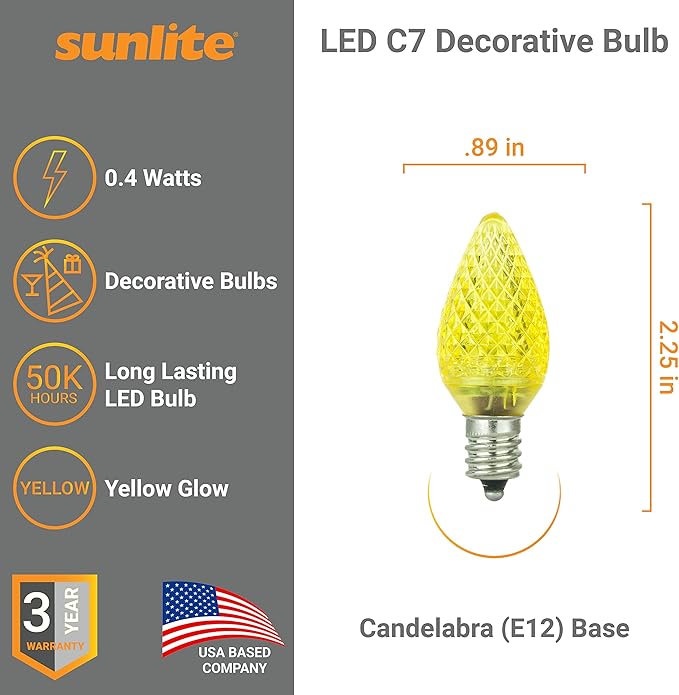 Sunlite 40462 LED C7 Holiday Decorative Light Bulb, 0.4 Watts, E12 Candelabra Base, Faceted Christmas-Lights; Nightlight, Yellow