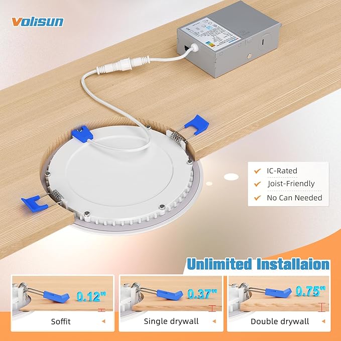 VOLISUN 24 Pack 6 inch Recessed Lighting, 5CCT LED Recessed Light with Junction Box, 2700K-5000K Selectable, 13W Eqv 120W, 1080LM Dimmable Canless Wafer Downlight, LED Ceiling Light ETL Certificated