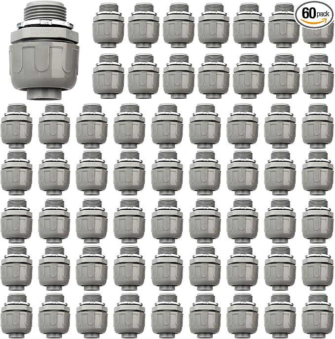 Conduit Connectors, 3/4 Inch Liquid Tight Connector NPT Non-Metallic for PVC Electrical Flexible Conduit Fittings, 180 Degree Straight, UL Listed for Home Outdoor Tubes Tools, Grey (60-Pack)