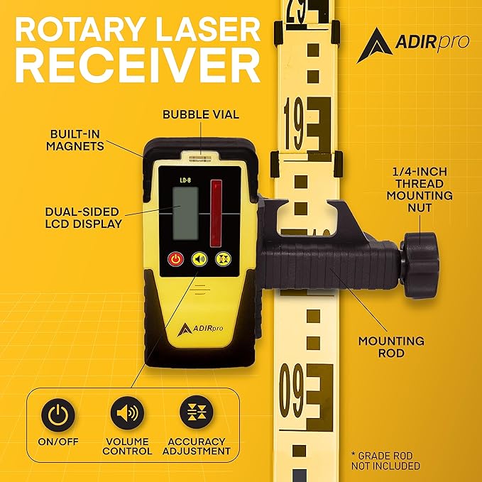 AdirPro Universal Rotary Laser Detector (LD-8) - Digital Rotary Laser Receiver with Dual Display and Built-In Bubble Level, Compatible with Most Red Rotary Lasers - Rod Clamp Included