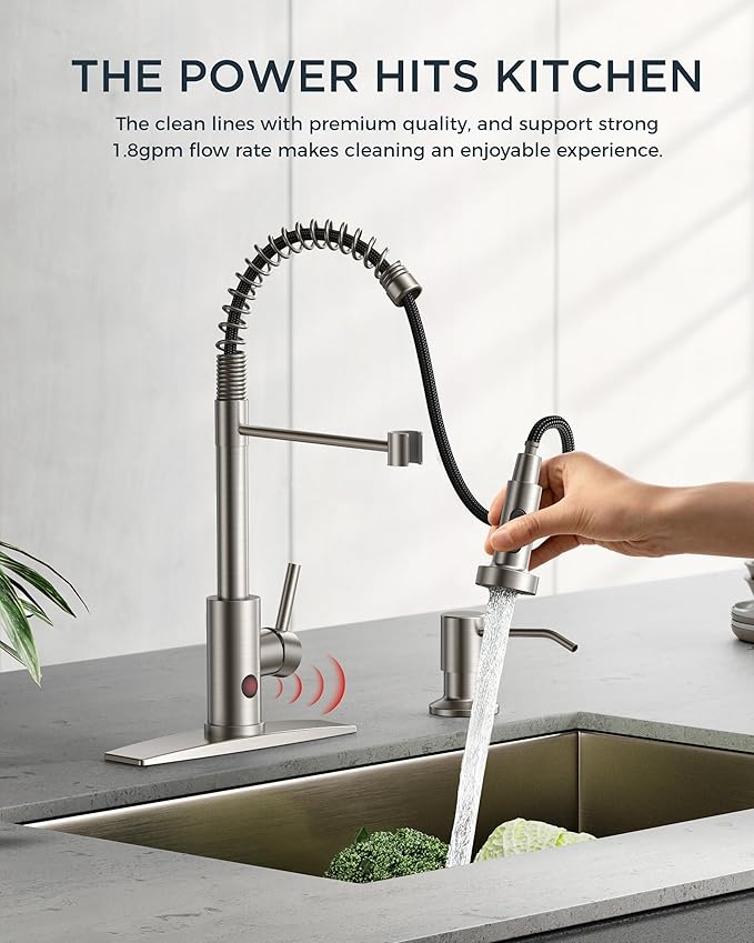 FORIOUS Touchless Kitchen Faucet Brushed Nickel, Smart Motion Sensor Spring Sink Faucet with Pull Down Sprayer Commercial Contemporary Hands-Free for Pot Filler, Farmhouse Camper Laundry Camper
