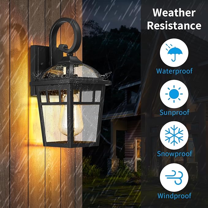 Front Porch Lights Outdoor Wall Lights Exterior Wall Sconce, Matte Black Exterior Light Fixtures with Seeded Glass Farmhouse Outdoor Lighting Fixtures for House Garage Porch Patio, 2 Pack