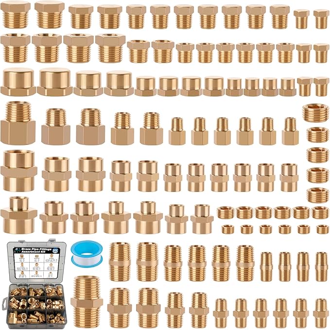 106PCS Brass Pipe Fittings Assortment Kit NPT Extension Adapter,Reducer Bushing,Hex Nipple,Close Nipple,Reducing Hex Coupling,Hex Head Plugs,Hex head Cap,Socket Plug Kit