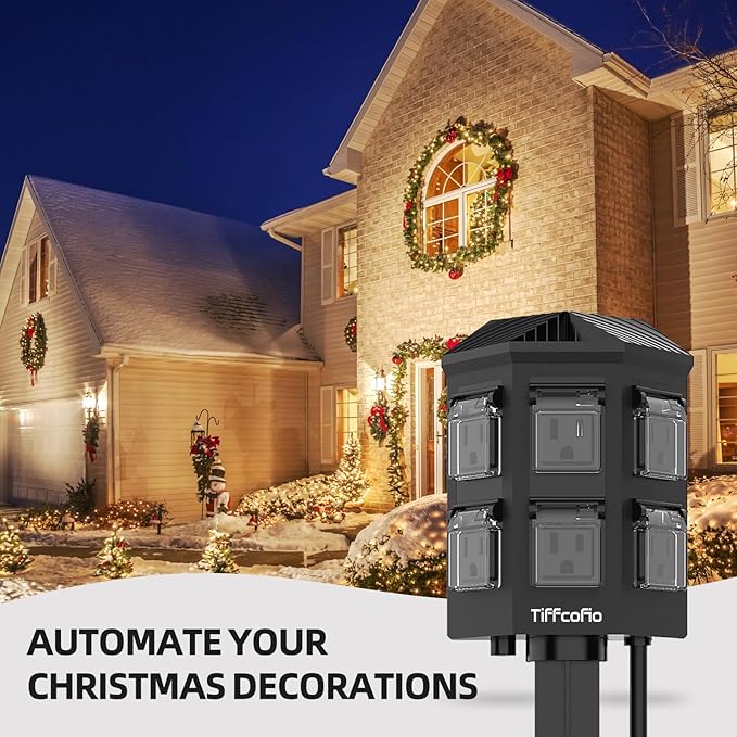 TiFFCOFiO Outdoor Power Strip Timer, Dusk to Dawn Light Sensor Countdown, 100 Feet Extension Cord Waterproof, 6 Grounded Outlets for Halloween and Christmas Decorations, ETL Listed (100 FT)