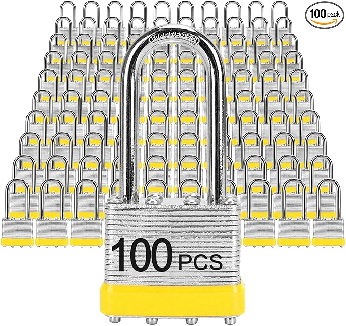 Padlocks with Same Key, LQYN 100 Pcs Laminated Keyed Padlock (1-9/16", 40mm), Keyed Alike Locks, Long Shackle, for Storage Locker, Hasp Latch, Toolbox, Sheds