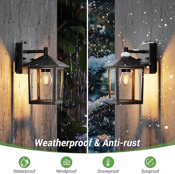 zemty Dusk to Dawn Outdoor Lighting Fixtures Wall Mount, Matte Black Outdoor Porch Lights with E26 Socket, Waterproof Exterior Wall Sconce for House, Doorway, Garage 2Pack (Bulb Not Include)