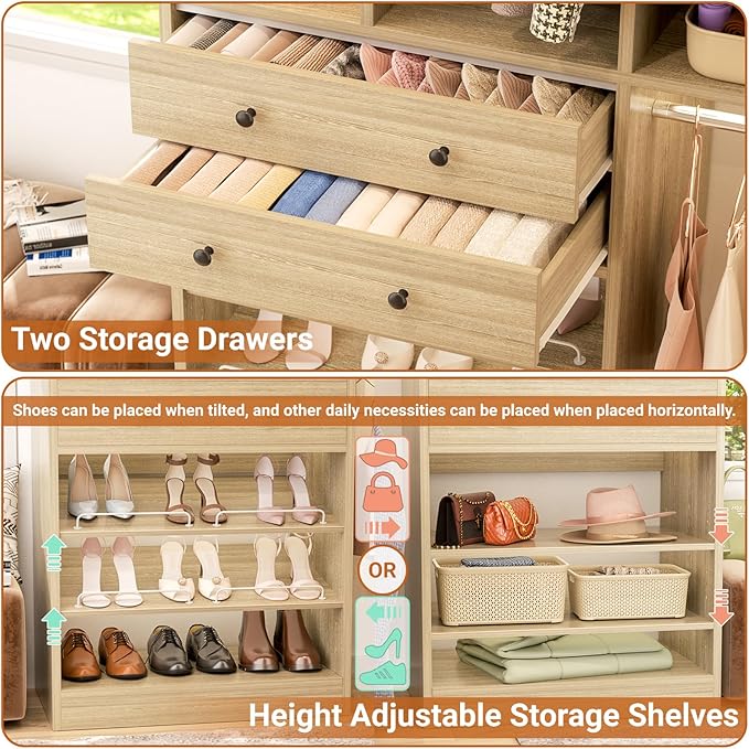 Closet System - 5FT Small Closet System with Drawers, 60" Closet Organizer System with Reversible Hanging Shelving, Closet Systems for Small/Walk-in Closets, Greige Oak