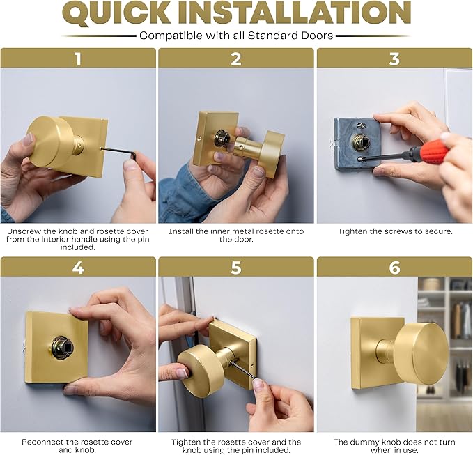 Mega Handles SUANA Dummy Door Knob for Hallway, Closet and Bathroom, Reversible Heavy Duty Design Door Knobs, Fits All Standard Door Sizes, Screws Included - Satin Brass (2 Pack)