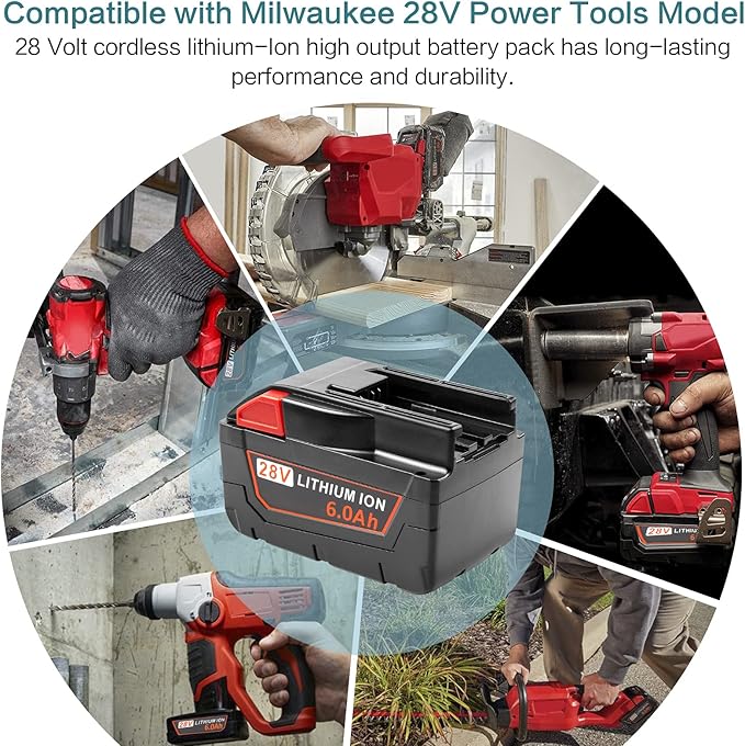 28V 6000mAh Replacement for Milwaukee Mk28 High Output Battery for Milwaukee Mk28 48-11-2830, V28, Mk28B, Mk28BX Cordless Power Tools Li-Ion Battery