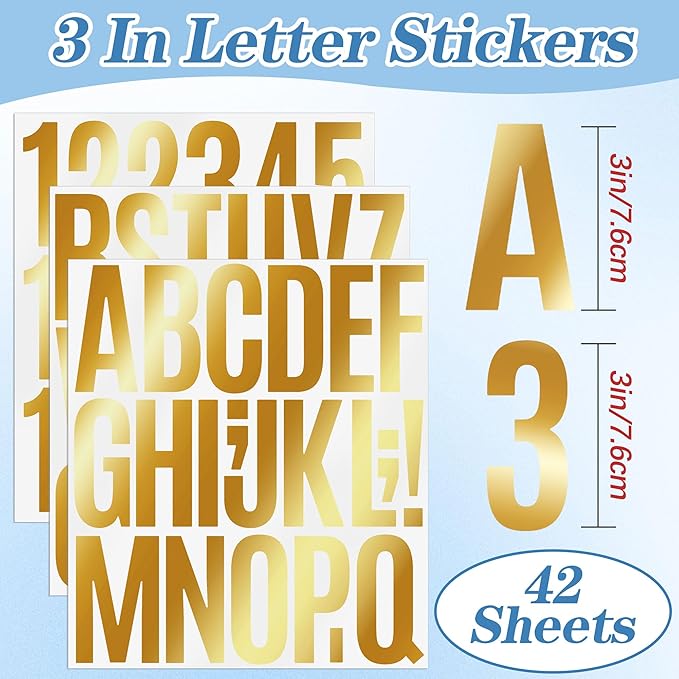 910 PCS 42 Sheets Letter Stickers Large Mailbox Numbers and Letters Self Adhesive Vinyl Waterproof Custom Alphabet Number Stickers for Mailbox Address, DIY Crafts, Door, Windows Decor (3 Inch,Gold)