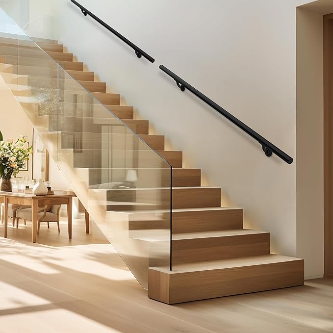 Meranti Aluminum Handrail for Indoor or Outdoor Steps and Stairs – Hand Rails for Elderly – DIY Complete Stair Railing Kit (AHR, Black, 8' Length)