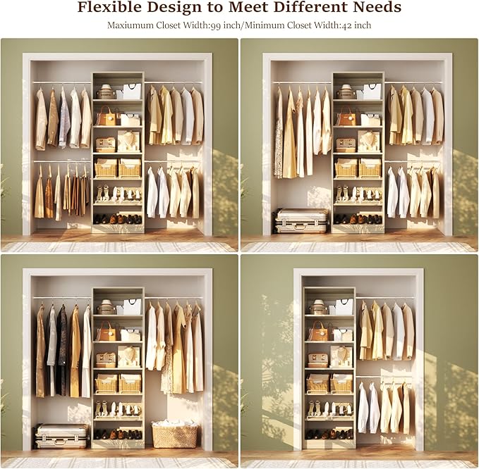 Unikito Closet System, 4-8Ft Wood Closet Organizer Starter Kit with Tower and 4 Extendable Hanging Rods, Walk-in Closet Organizer Wardrobe Clothes Rack with Adjustable Shelves, Garment Rack, White Oak