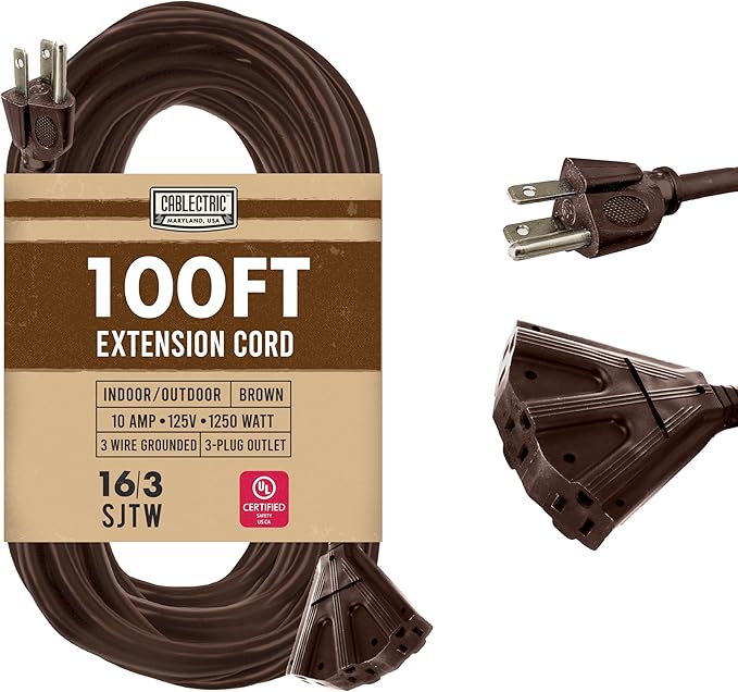 100 Ft Brown Extension Cord with 3 Electrical Power Outlet - 16/3 SJTW Heavy Duty Cable with 3 Prong Plug for Safety, 10 AMP for Heavy Appliances, Garden, Lawn, Lightning Decoration