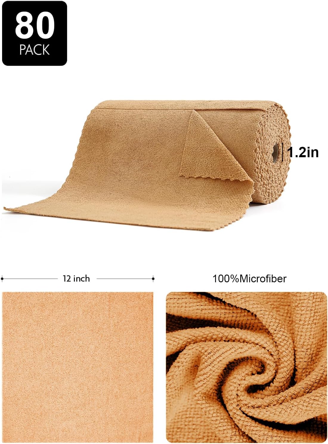 80 Pack Microfiber Cleaning Cloth Roll,Lint Free Rags & Tear Away Reusable Towels Washable Scratch,Ultra Absorbent Dish Rags(12" x 12") for Car Kitchen Home Garage-Dark Coffee