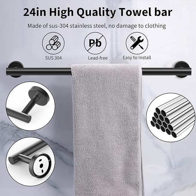 Newfun 10 Piecess Matte Black Bathroom Hardware Set - Includes 24inch Towel Bar, Robe Hook, Toilet Paper Holder, Bathroom Accessories Set Stainless Steel Wall Mounted (Matte Black)
