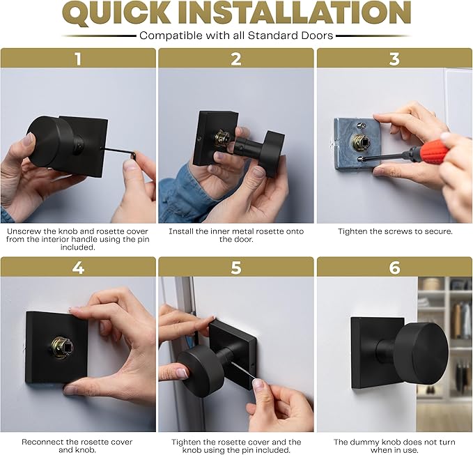 Mega Handles SUANA Dummy Door Knob for Hallway, Closet and Bathroom, Reversible Heavy Duty Design Door Knobs, Fits All Standard Door Sizes, Screws Included - Matte Black (2 Pack)