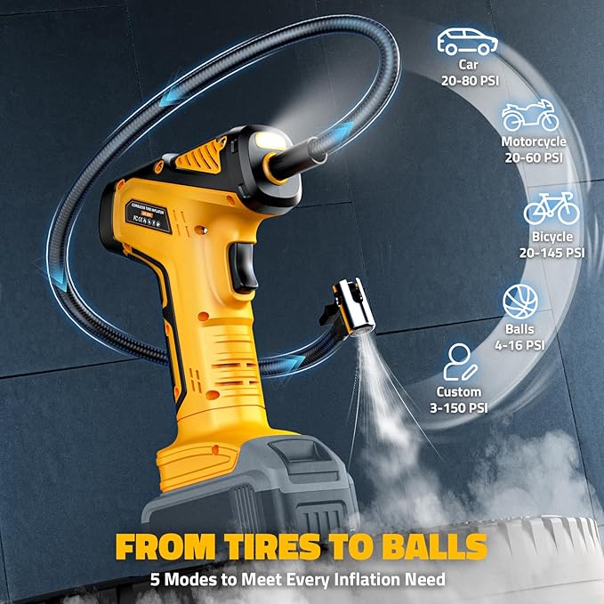 150PSI Tire Inflator Portable Air Compressor: Cordless Air Pump Compatible with Dewalt 20V Battery - Car Tire Pump with Digital Pressure Gauge & LED Light for Auto, Motorcycles(Bare Tool)