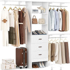Closet System with Drawer - 8FT Wood Closet Organizer System with 3 Hanging Rods and Shelving Tower, 96" Walk In Closet Organizer Wardrobe, Heavy Duty Garment Rack Clothes Rack, White