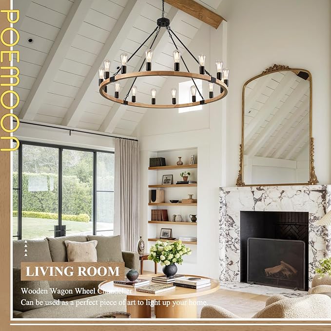 16-Light Wood Wagon Wheel Chandelier Farmhouse Natural, 43.3'' Black Metal Pendant Chandeliers Wooden Rustic Light Fixtures for High Ceiling Living Dining Room Foyer Entryway