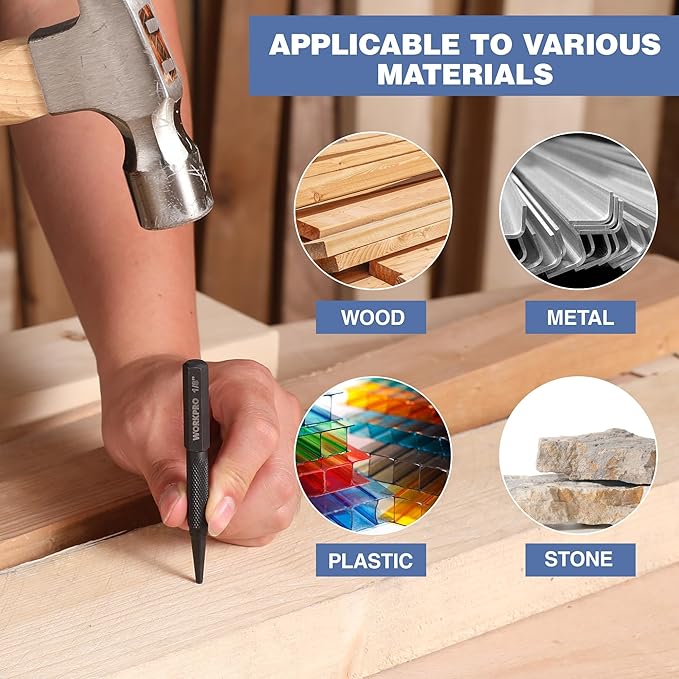 WORKPRO 4-Piece Nail Punch and Center Punch Set, Hardened Cr-V Steel with Knurled Grip,1/32", 1/16", 3/32" Nail Setter & 1/32" Center Punch Tool