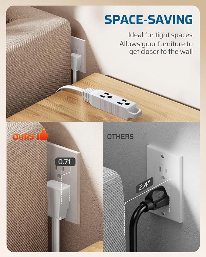 DEWENWILS 3 Outlet Extension Cord with Flat Plug, 1FT 16/3 Awg Grounded Power Cable for Indoor Use, SPT-3 Cord, White, ETL Listed, 2 Pack