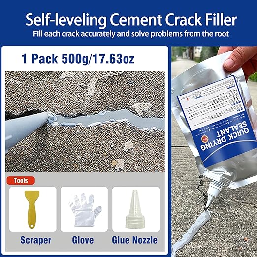 Concrete Crack Filler and Sealant, Quick Drying High Elasticity Cement Crack Filler, Waterproof Repair, Self-Leveling Concrete Slab Repair for Driveway, Patio (Gray, 17.64 OZ)