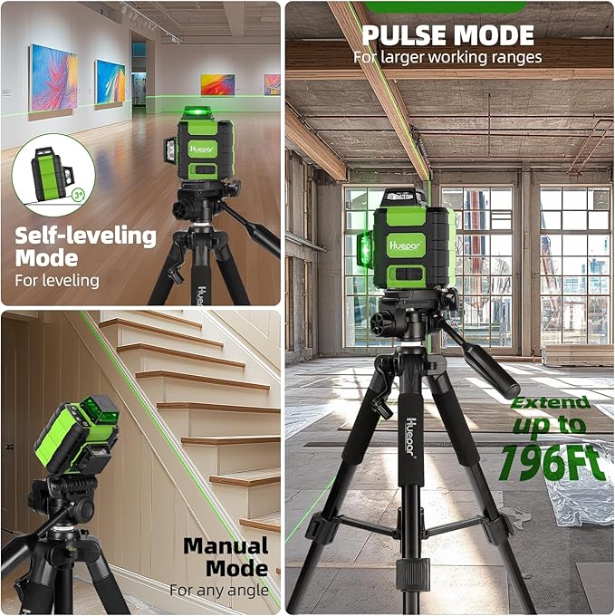 Huepar Laser Level 360° with Tall Tripod, Self Leveling Rechargeable Lazer Leveler for Construction and Picture Hanging, Nivel Laser with Pluse Mode for Outdoor, Hard Carry Case, 50" Tripod, Glasses
