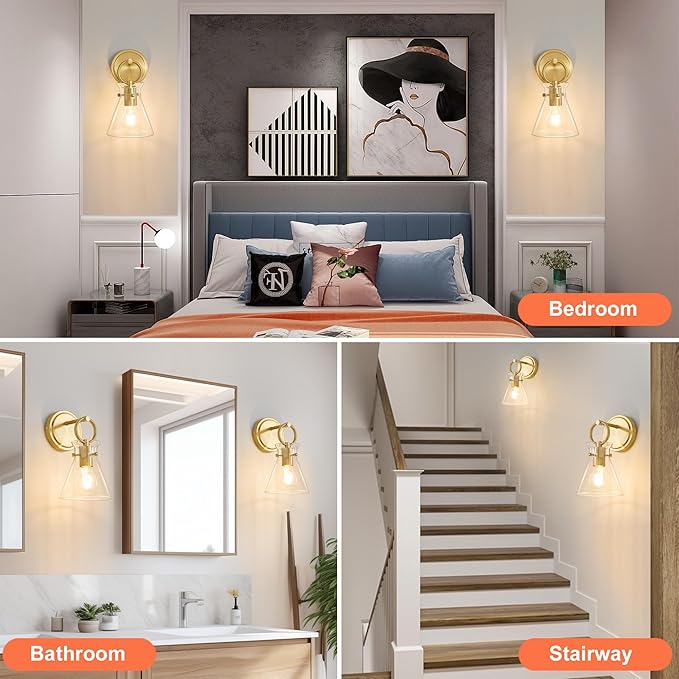 Gold Wall Sconces Set of 2 Modern Vanity Light Fixtures for Bathroom Wall Mount Lighting Lamp Hardwired Farmhouse Wall Lights with 6 Inch Clear Glass Shade for Bedroom Living Room Mirror