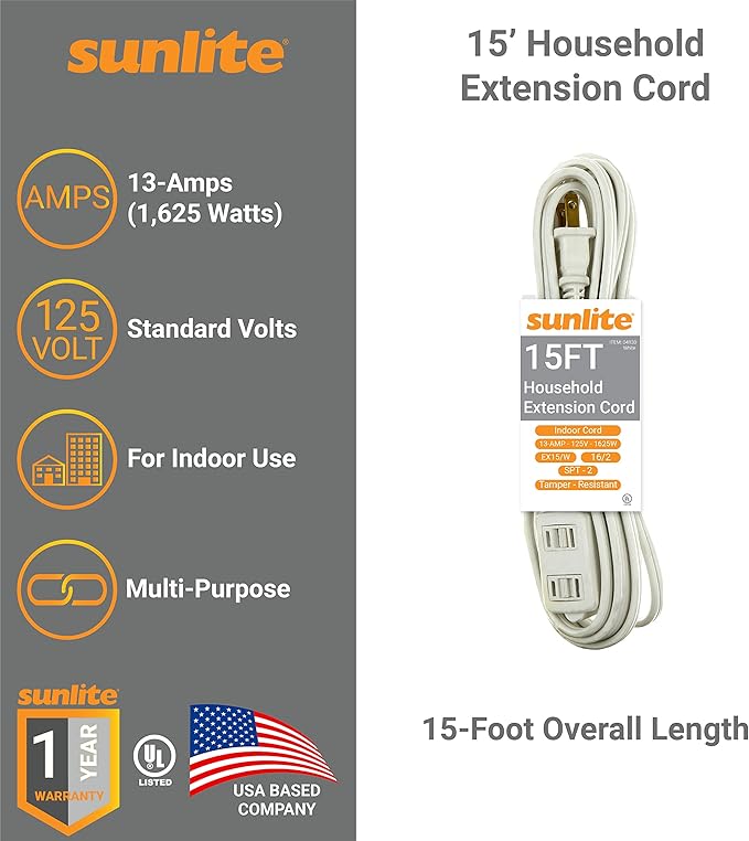 Sunlite 04130-SU 15-Foot Household Extension Cord, Three 2-Prong Polarized Sockets, Tamper Guards, Indoor Use, For Small Appliances, Electronics, Lamps, Fans, Mobile Devices, UL Listed, White
