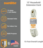 Sunlite 04130-SU 15-Foot Household Extension Cord, Three 2-Prong Polarized Sockets, Tamper Guards, Indoor Use, For Small Appliances, Electronics, Lamps, Fans, Mobile Devices, UL Listed, White