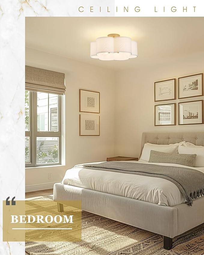 Gold Semi Flush Mount Ceiling Lights, 6-Light 18Inch Ceiling Light Fixtures with Fabric Shade in Flower Shape, Farmhouse Brass Drum Lighting for Nursery Bedroom Kitchen, AD-22007-6SF-GD