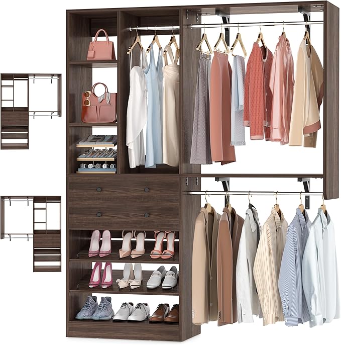 Closet System - 5FT Small Closet System with Drawers, 60" Closet Organizer System with Reversible Hanging Shelving, Closet Systems for Small/Walk-in Closets, Black Walnut
