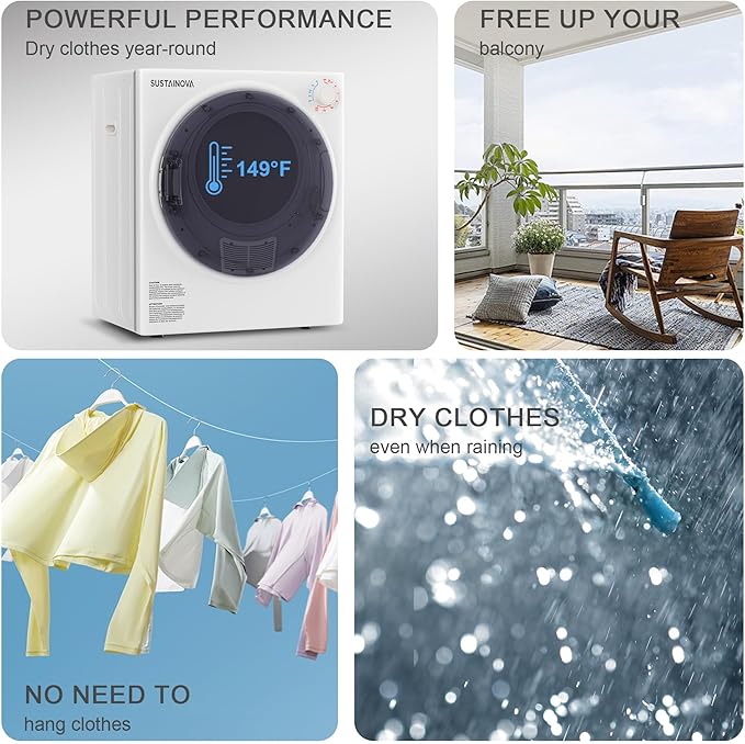 Elevon 800W Portable Clothes Dryer 2.6 cu.ft Electric Drying Machine for Laundry with Stainless Steel Tub for Apartment, Rvs, Dorms, Compact Dryer for Small Space, White