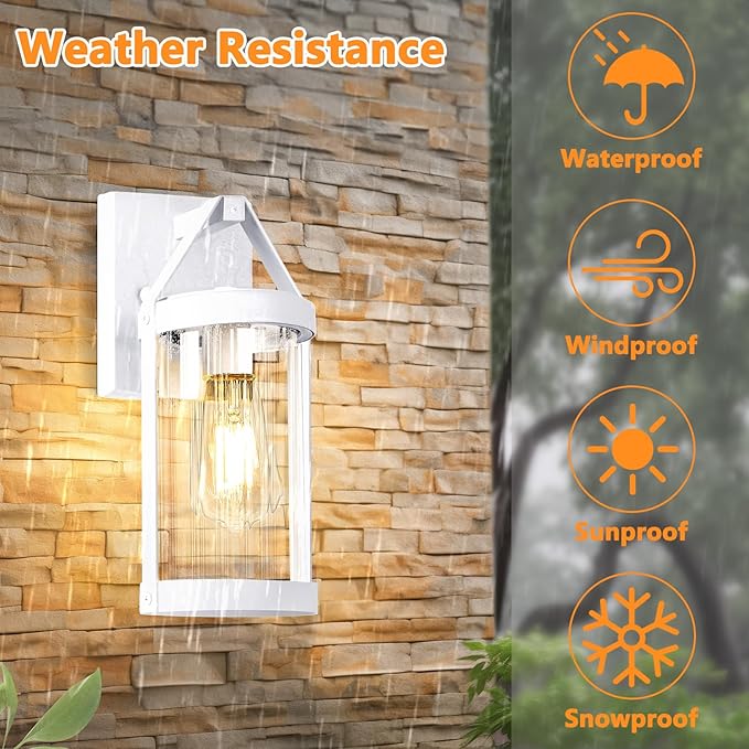 2-Pack Outdoor Light Fixtures Wall Mount, Waterproof Exterior Wall Lantern Front Porch Lights, Modern White Sconce Lighting with Clear Ribbed Glass, Outside Lights for House, Patio, Bulbs Not Included
