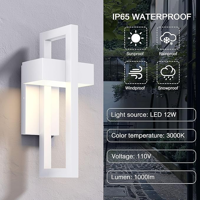 LamQee 2 Packs Modern Outdoor Wall Lights 3000K Integrated LED Outdoor Wall Sconces Lighting, Contemporary Exterior Lighting Fixtures Outside Wall Mount Lights for House Porch Door Garage, Matte White