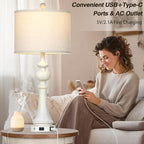 28" Farmhouse Table Lamps Set of 2, Vintage Bedside Lamps with USB A+C Charging Ports & AC Outlet, 3-Way Dimmable Touch Control Nightstand Lamp for Living Room Bedroom Wash White(2 LED Bulbs Included)