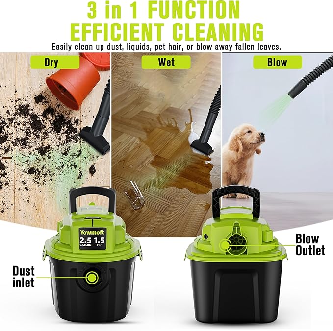 2.5 Gallon Small Shop Vac, 1.5 Peak HP Mini Shop Vac with Blowing Function, 15Ft of Cleaning Reach, 3 in 1 Shop Vacuum Wet and Dry for Floor/Car/Garage