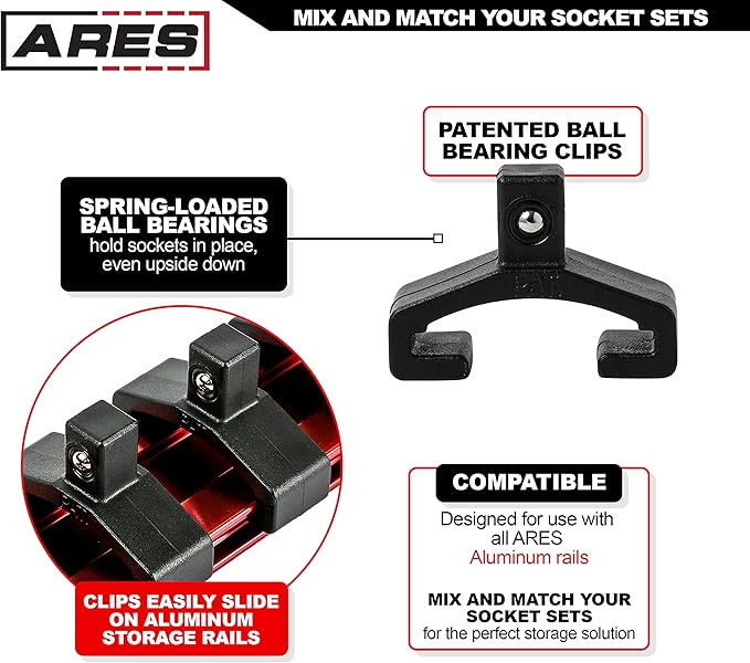 ARES 70084-1/4-Inch Drive Black Aluminum Socket Organizer - Store up to 16 Sockets and Keep Your Tool Box Organized - Sockets Will Not Fall Off this Rail