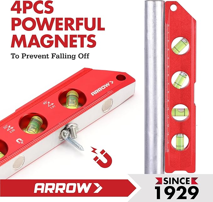 ARROW 8-Inch Torpedo Level, Magnetic Level Tool with 0°/30°/45°/90° Bubbles, Top-view Windows, Aluminium Alloy Frame, Dual Metric and SAE Scales