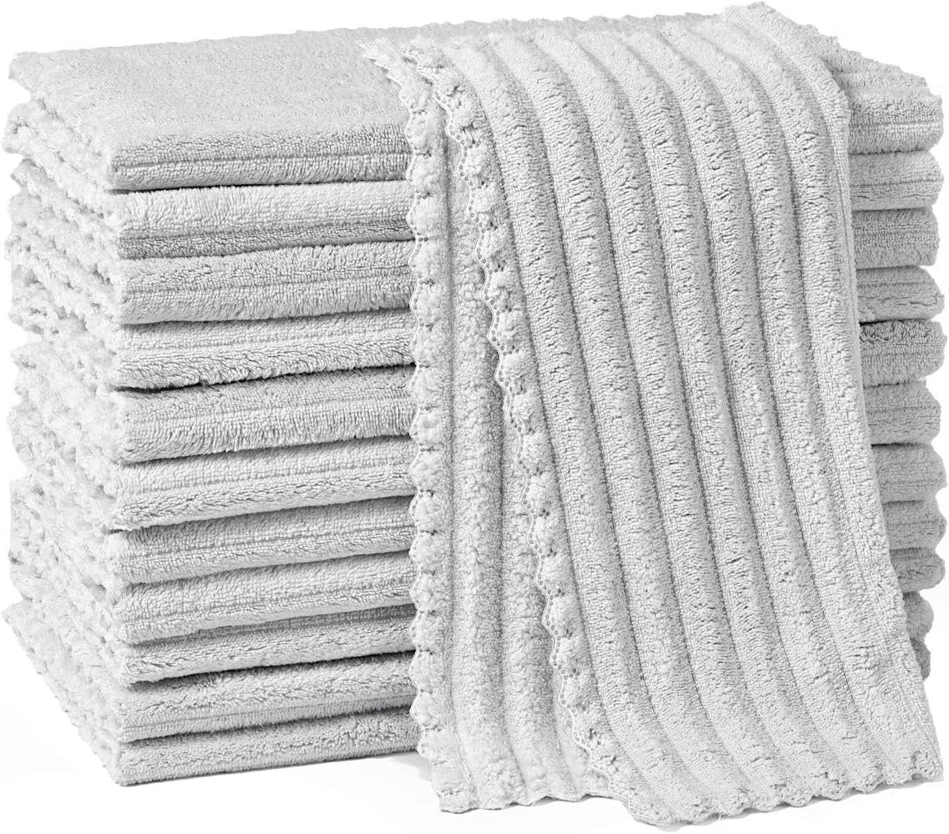 Kitchen Dish Cloths,Super Absorbent Coral Velvet Dish Towels,Quick Drying Kitchen Towels No Lint Dish Rags,Reusable Household Microfiber Cleaning Cloth,12X12 inches(12 Pack,Light Grey Streak)