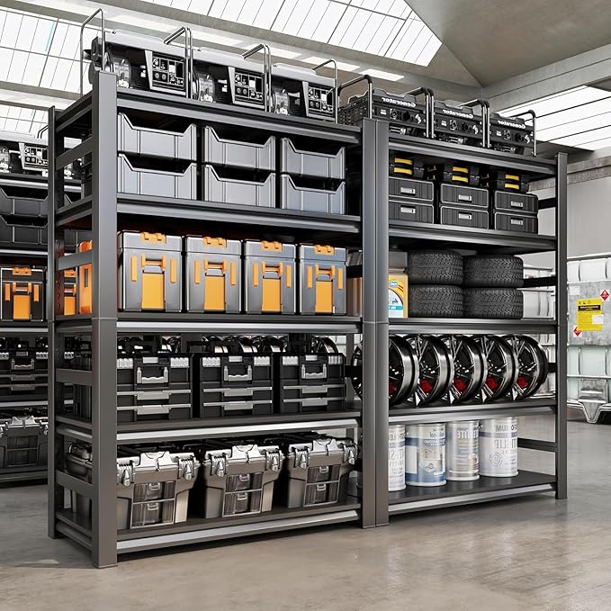 Garage Shelving Units, Heavy Duty 5-Tier Storage Shelves, Metal Adjustable Storage Rack, Steel Shelves, 2750 lbs Capacity, Industrial Shelving for Heavy Tools (Black, 23.62"Dx47.24"Wx87.01"H, 5-tier)